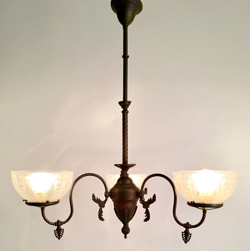 3-Light Gas Chandelier w/Deep Etched Gas Shades